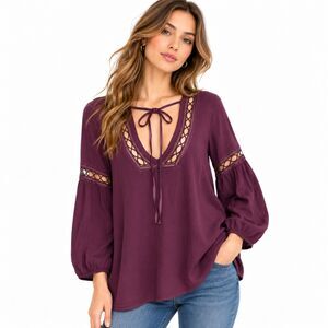Tobi Womens Purple Boho Peasant Tunic Top Medium Lace Long Sleeve Cottagecore